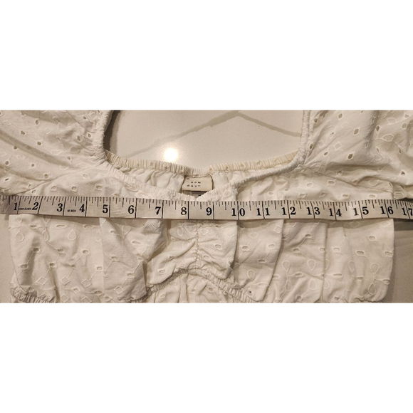 A New Day White Eyelet Puff Sleeve Cotton Crop Top Smocked Square Neck Peplum M - Picture 8 of 8